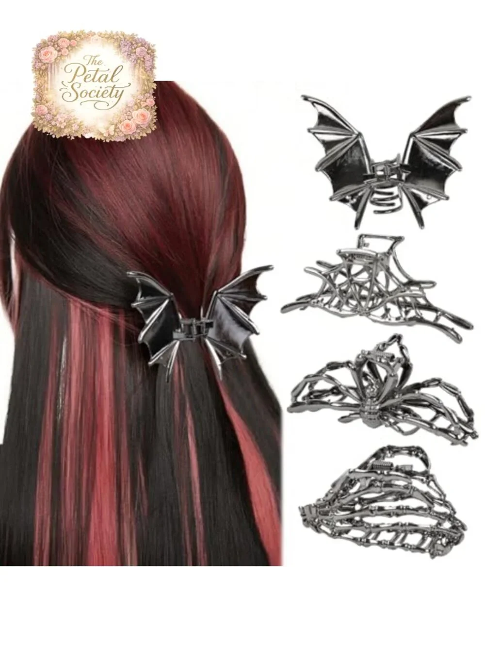 4 Piece Gothic Hair Clips Metal Skull Bat Spider Web Claw Clips